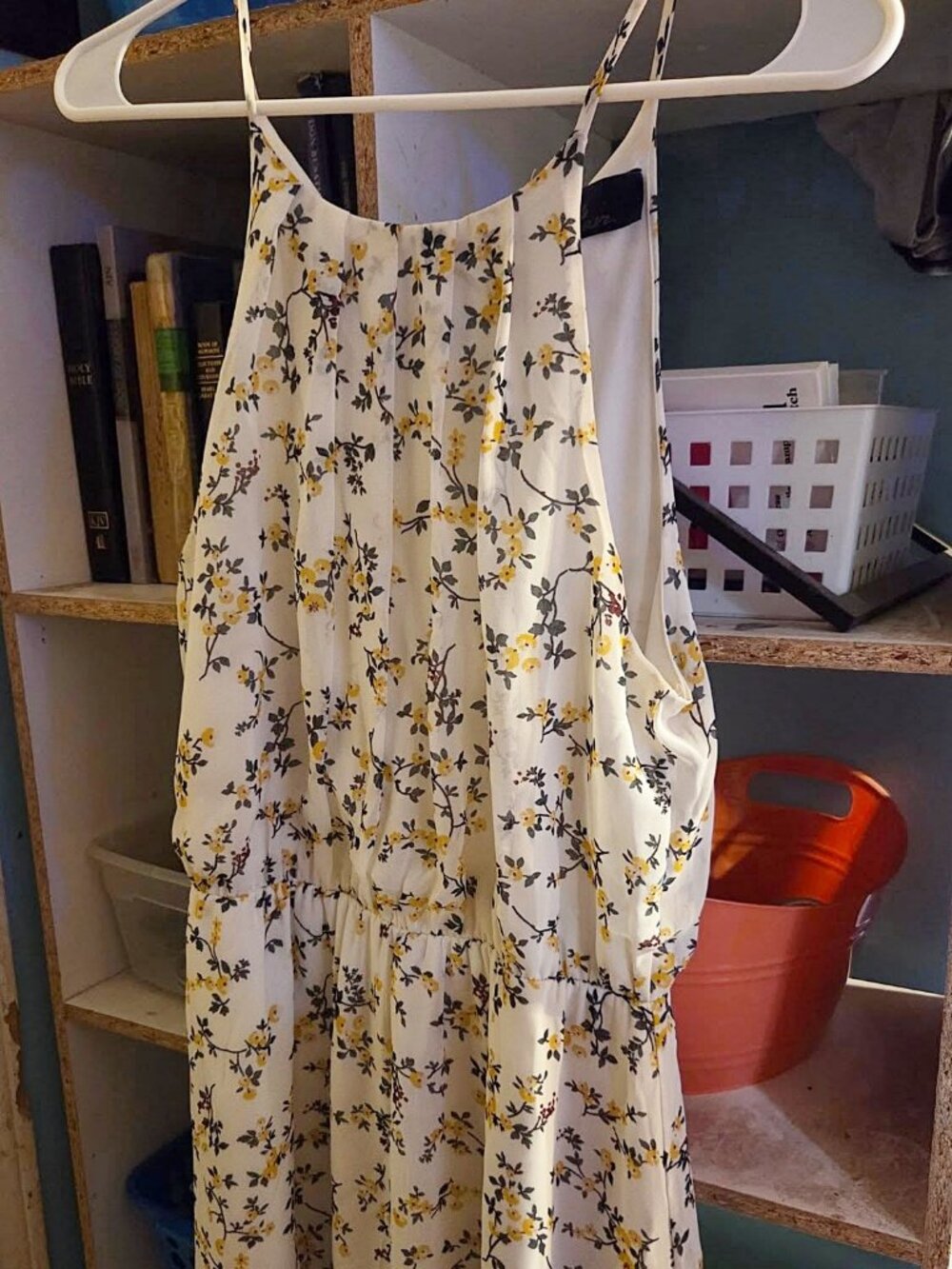Blue Rain Women's Medium Floral Midi Dress Ivory Yellow Print Sleeveless Elastic